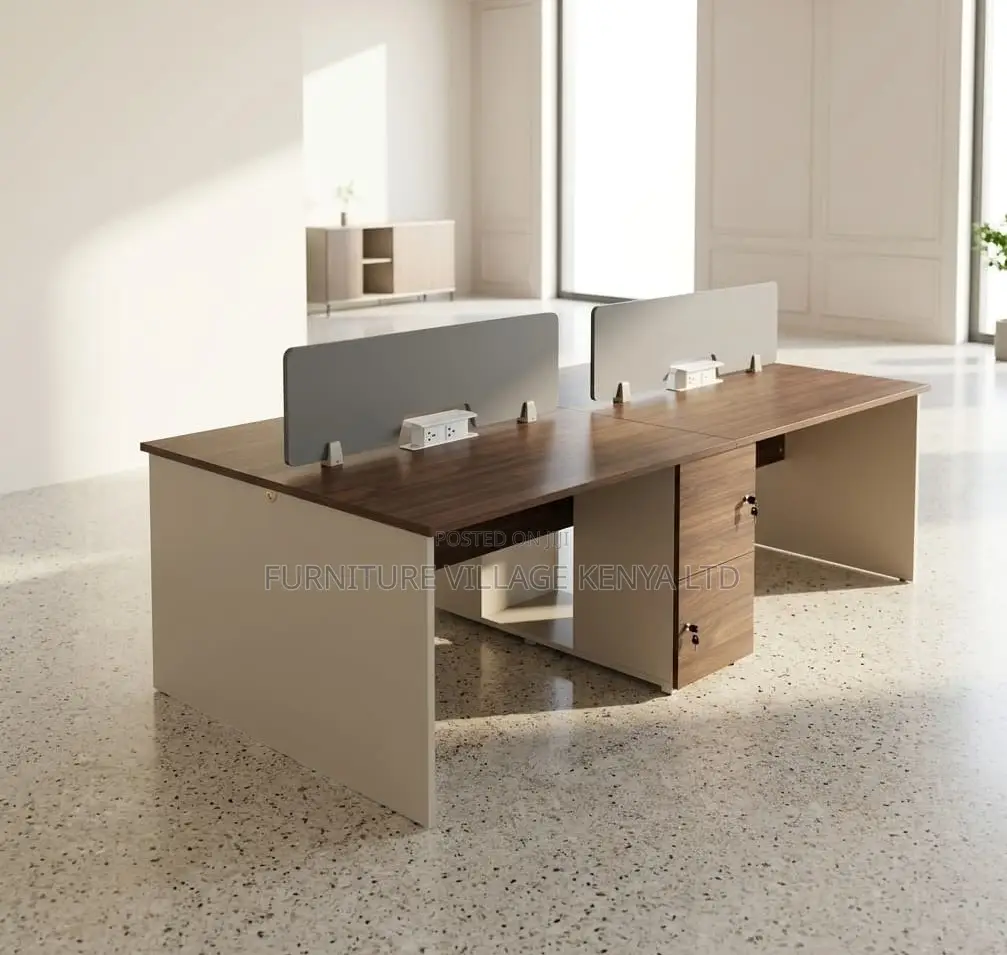 Workstation; 4 Way Brown Modern Imported Office Workstation Desk