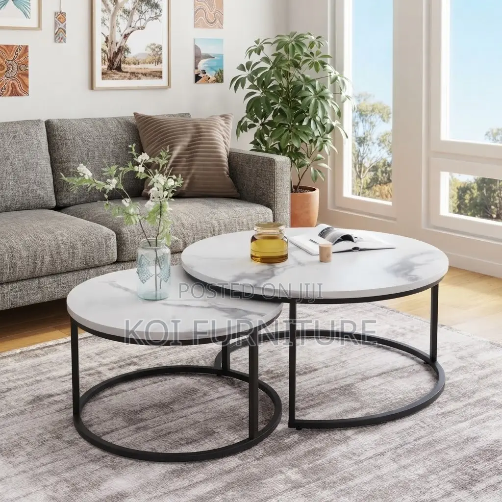 Coffee Tables; Round Marble Two Set Coffee Table