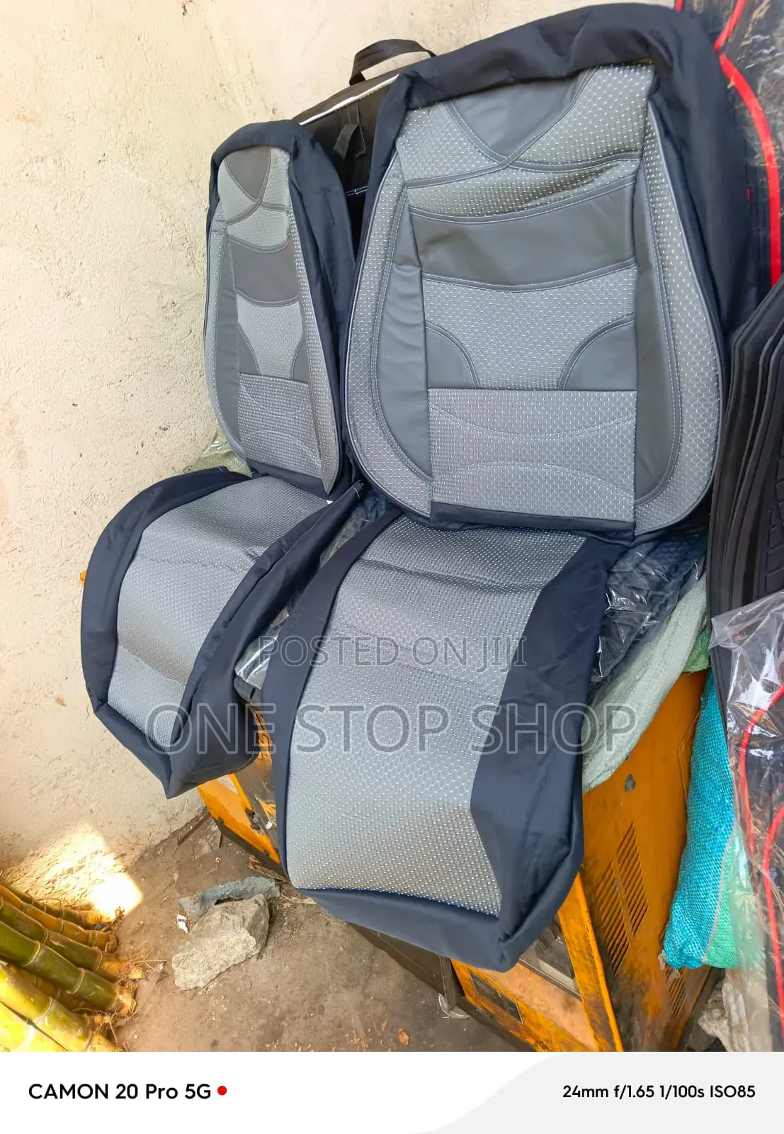 Grey Seat Cover Combination of Durable Fabric Synthetic Pu Leather