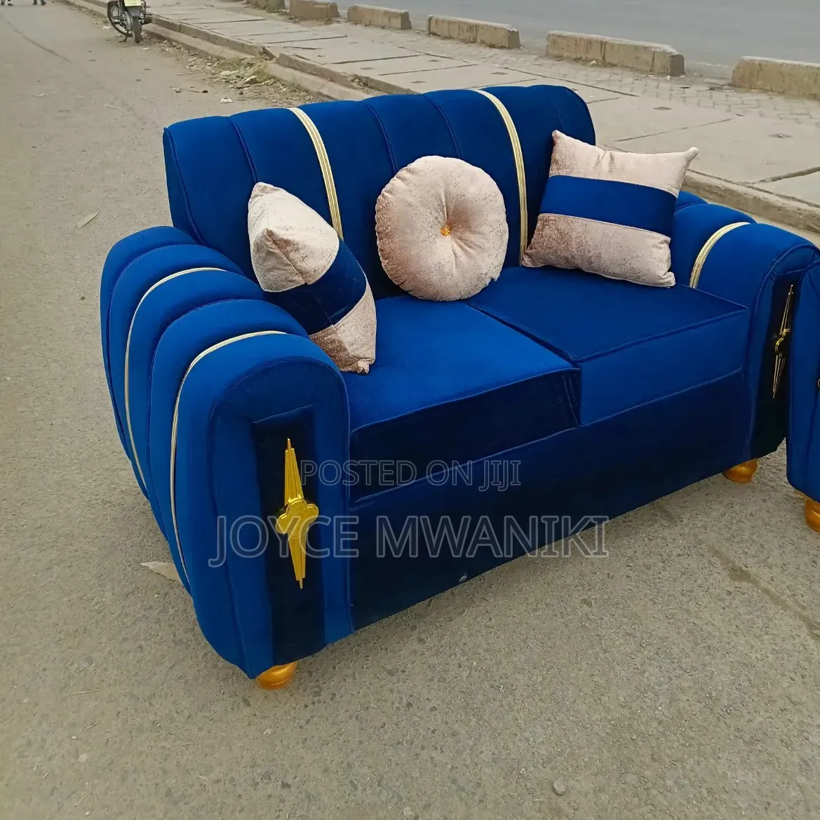 Blue Sofa, 2 Seater With Throw Pillows 