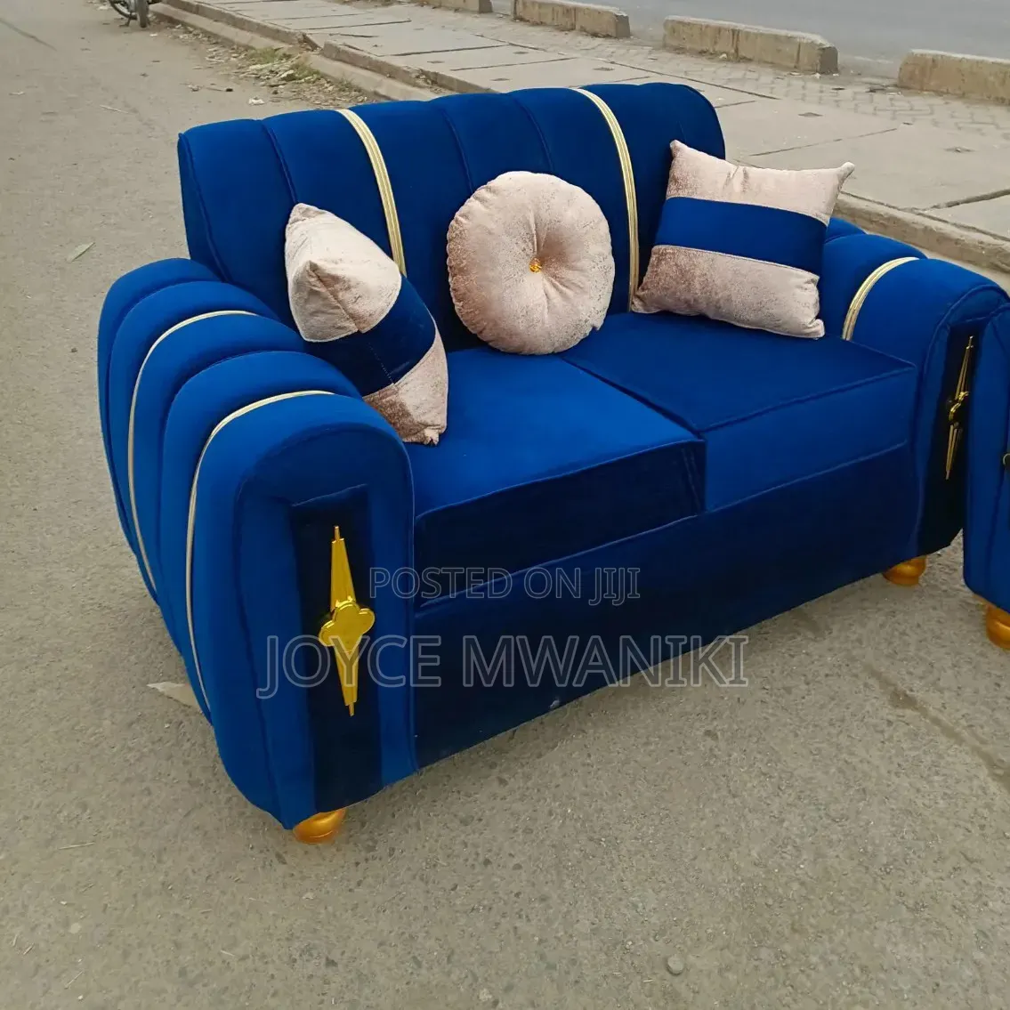 Blue Sofa, 2 Seater With Throw Pillows 