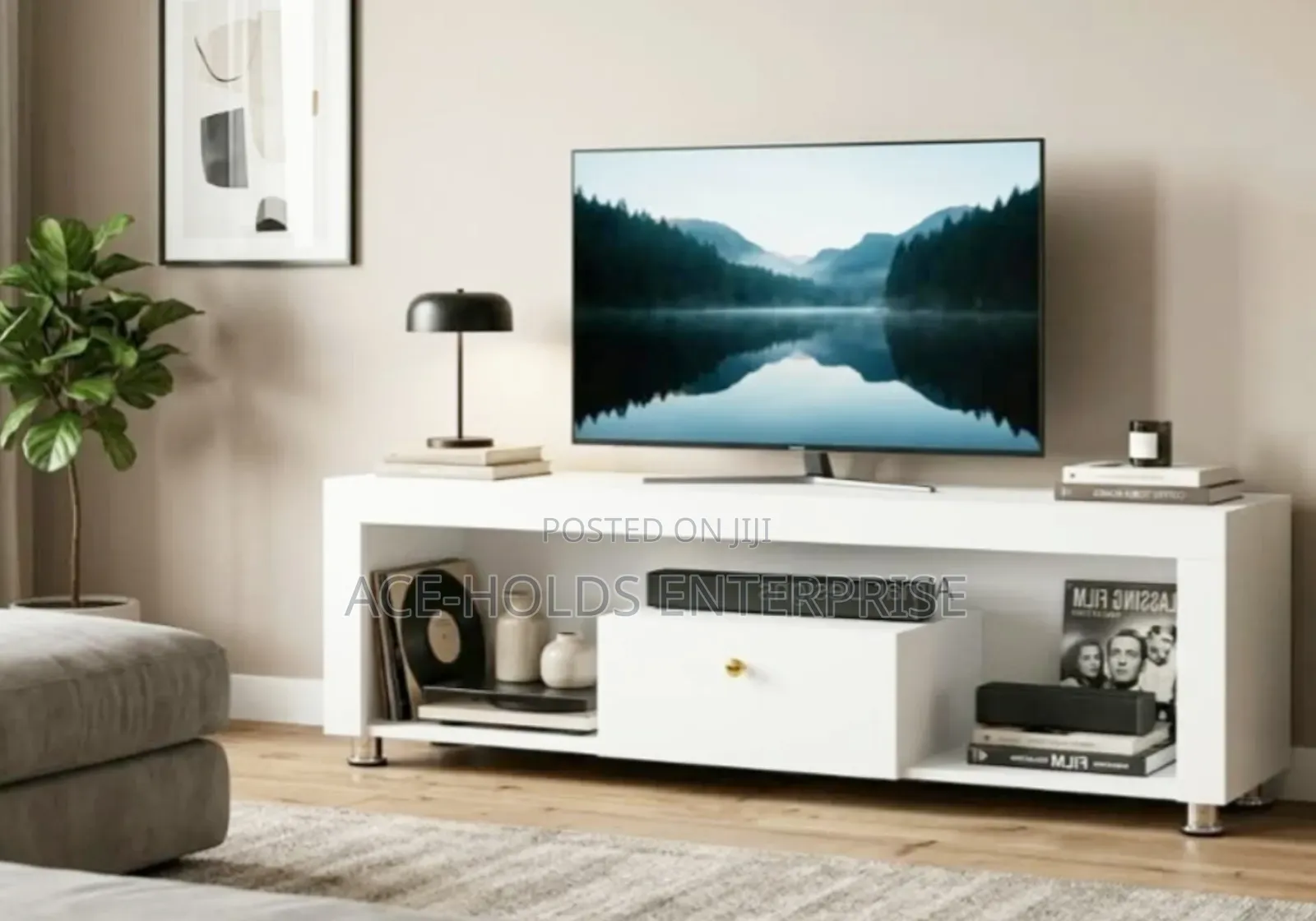 Amsterdam Modern TV Stand 4 Ft With LED Light White - 4Ft