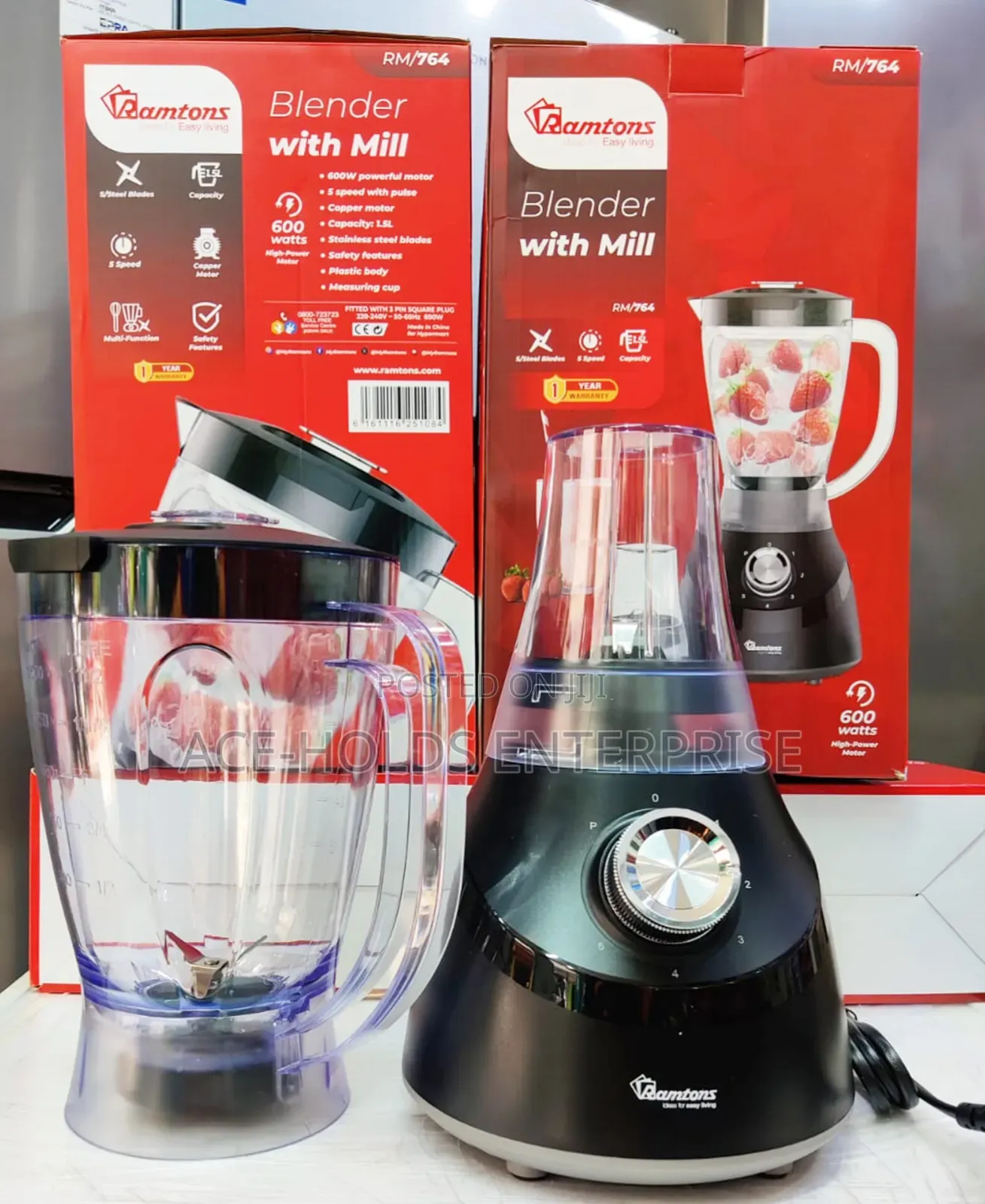 2 in 1 Ramtons 600watts Blender With Grinder Jar Combo 5 Speed