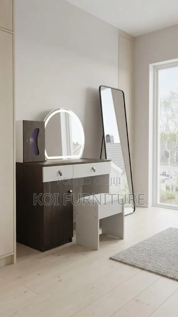 Dressers; Brown Modern Dressing Vanity Set With LED Lights