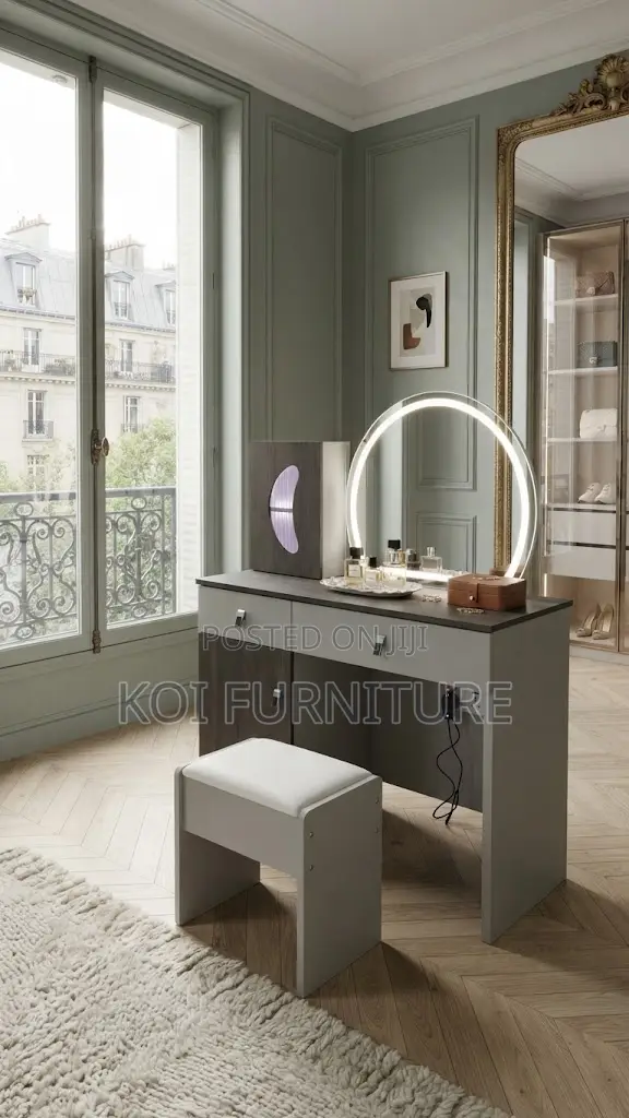 Dressers; Brown Modern Dressing Vanity Set With LED Lights