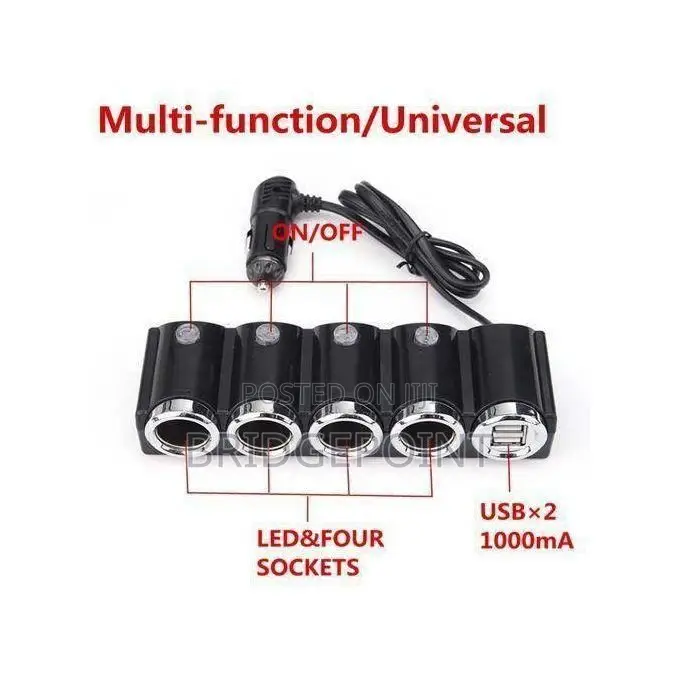 12/24v Car Socket Splitter With 4 Female Outlets and 2 USB Ports
