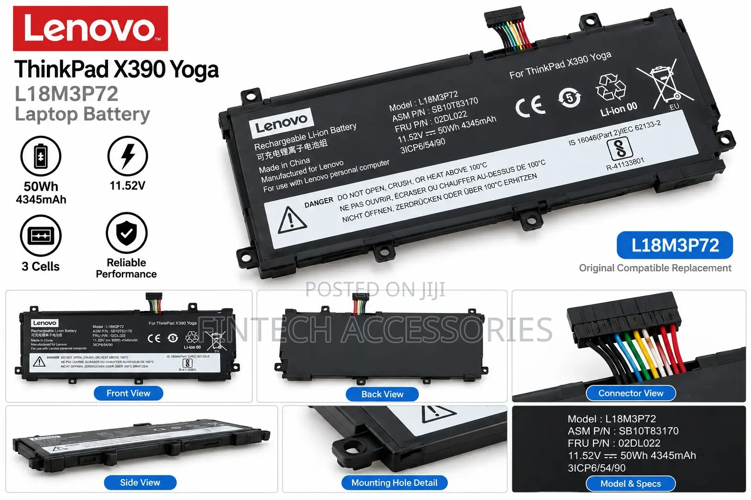 Lenovo ThinkPad X390 Yoga Laptop Battery L18M3P72 50Wh