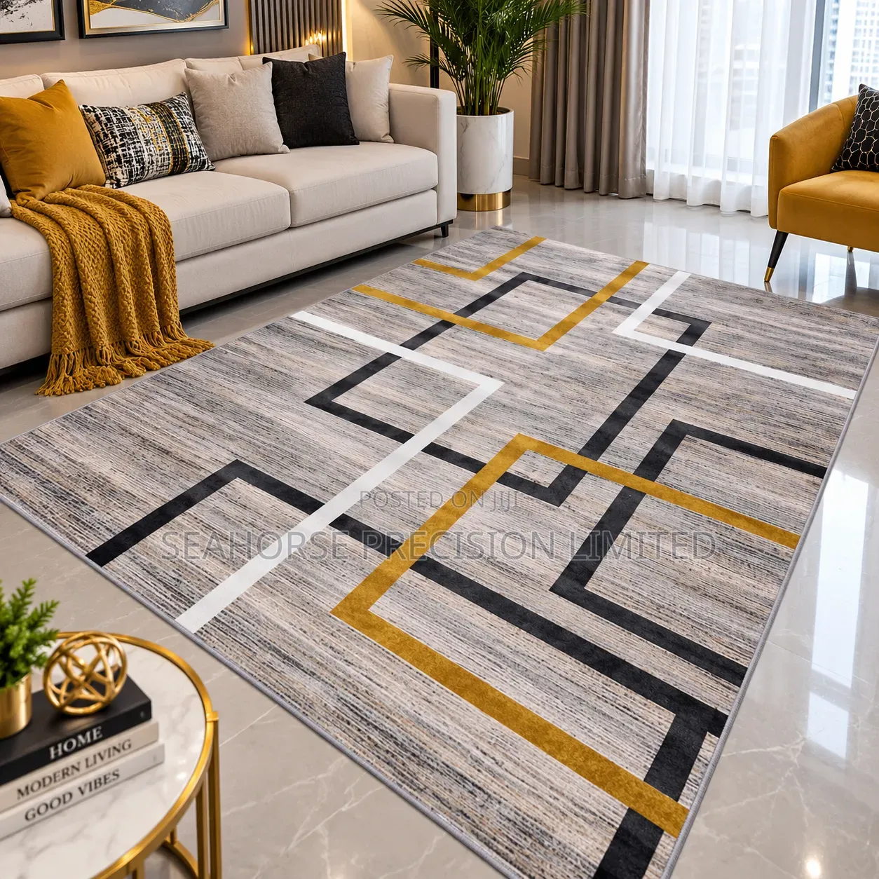  Modern Grey, Gold Black Geometric Carpet