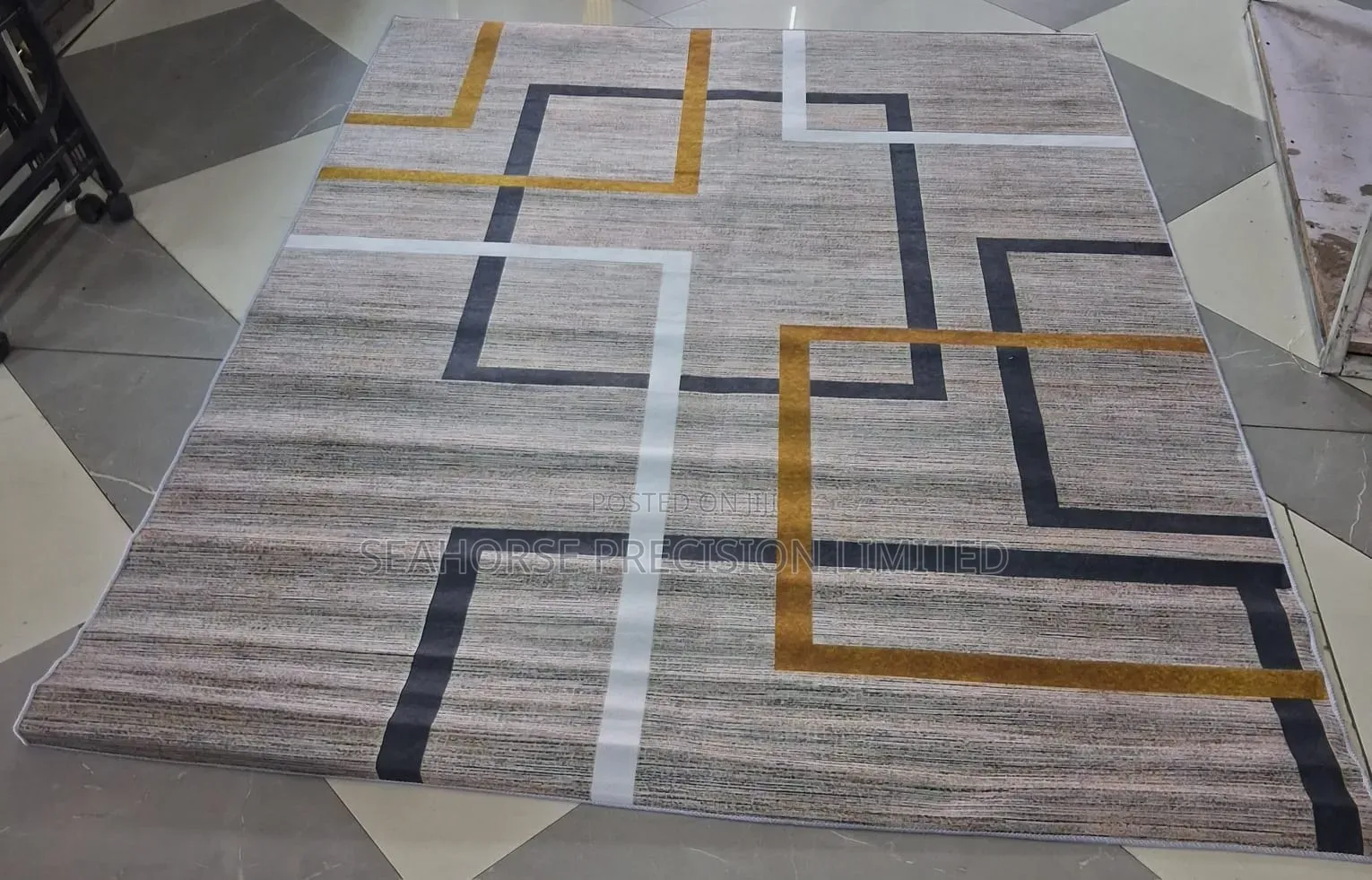  Modern Grey, Gold Black Geometric Carpet