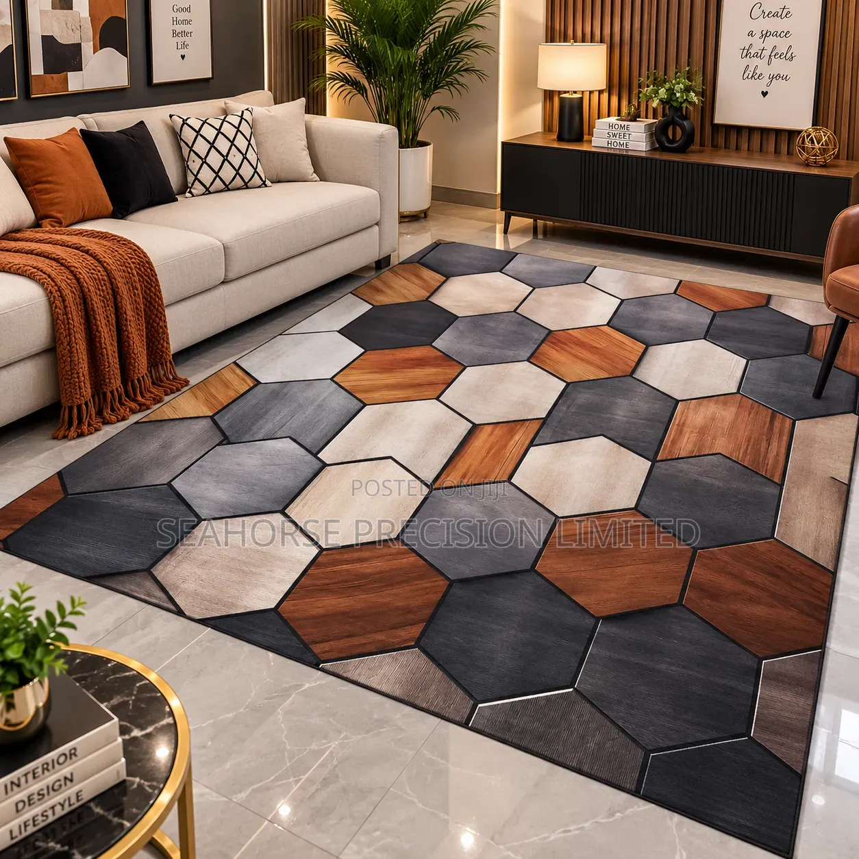  Modern Hexagon Wood-Effect Carpet