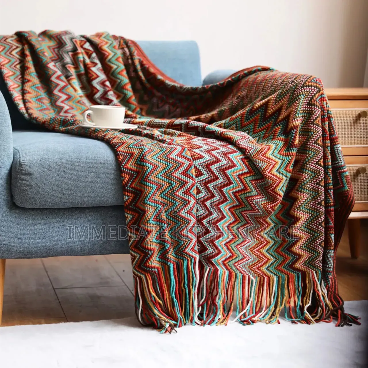 Bohemian Knitted Throw Blanket With Tassel
