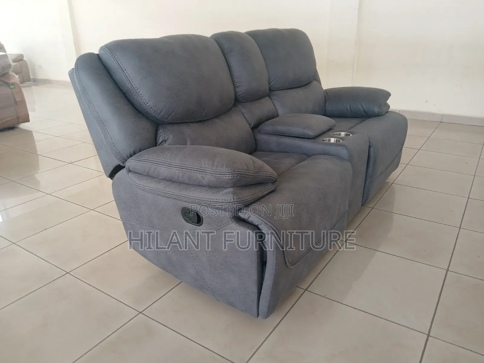 Luxury 2-Seater Grey Recliner Sofa With Cup Holders