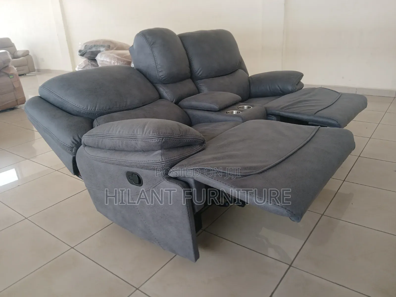 Luxury 2-Seater Grey Recliner Sofa With Cup Holders