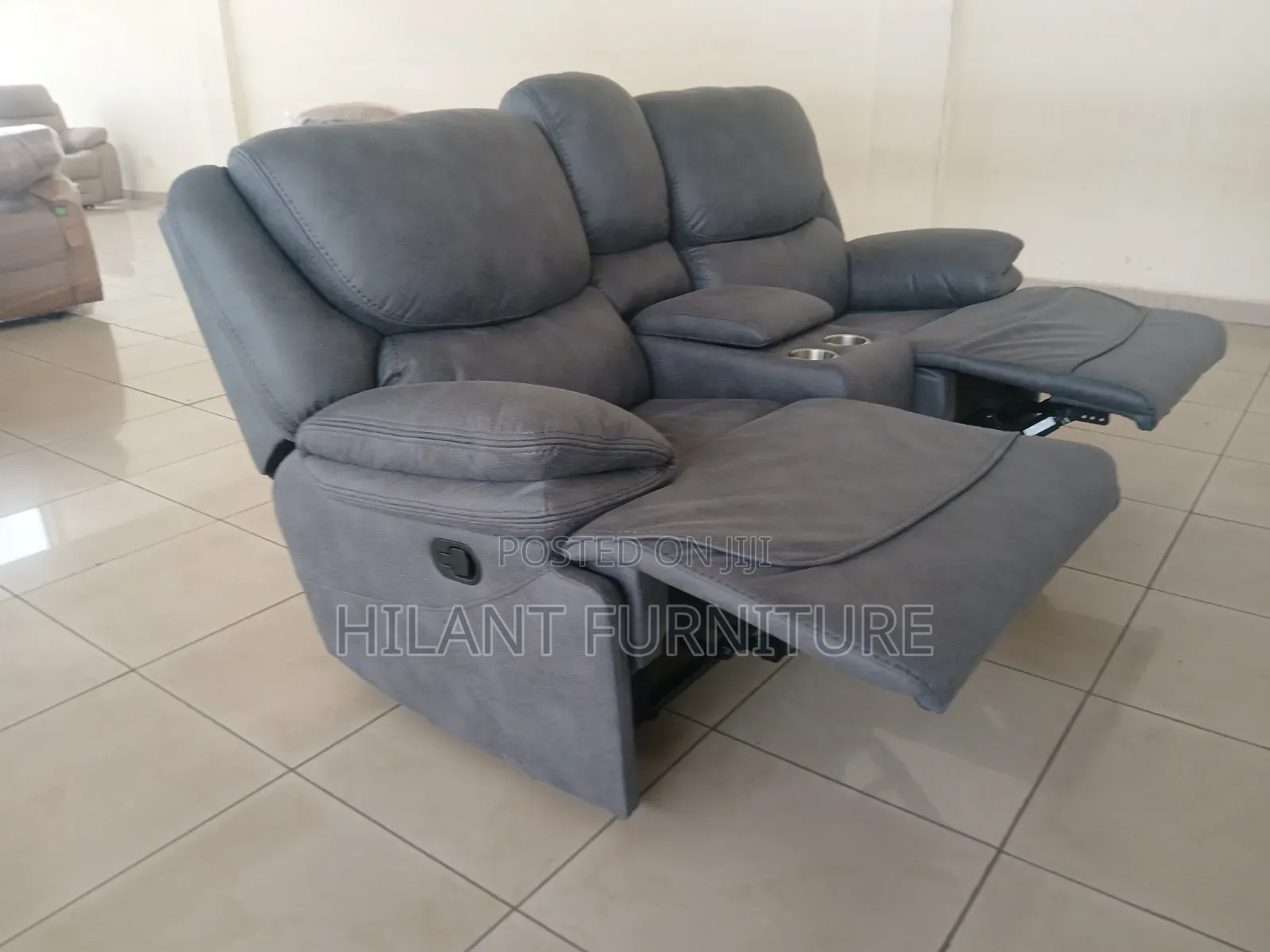 Luxury 2-Seater Grey Recliner Sofa With Cup Holders