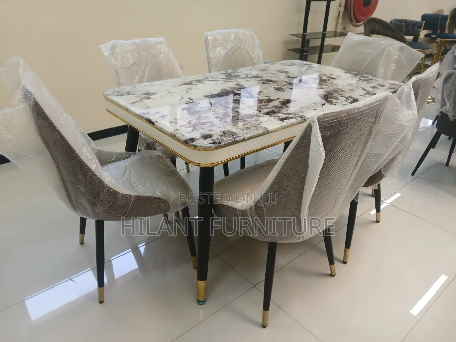 Luxury 6-Seater Marble Dining Table Set – Gold Black Modern Design