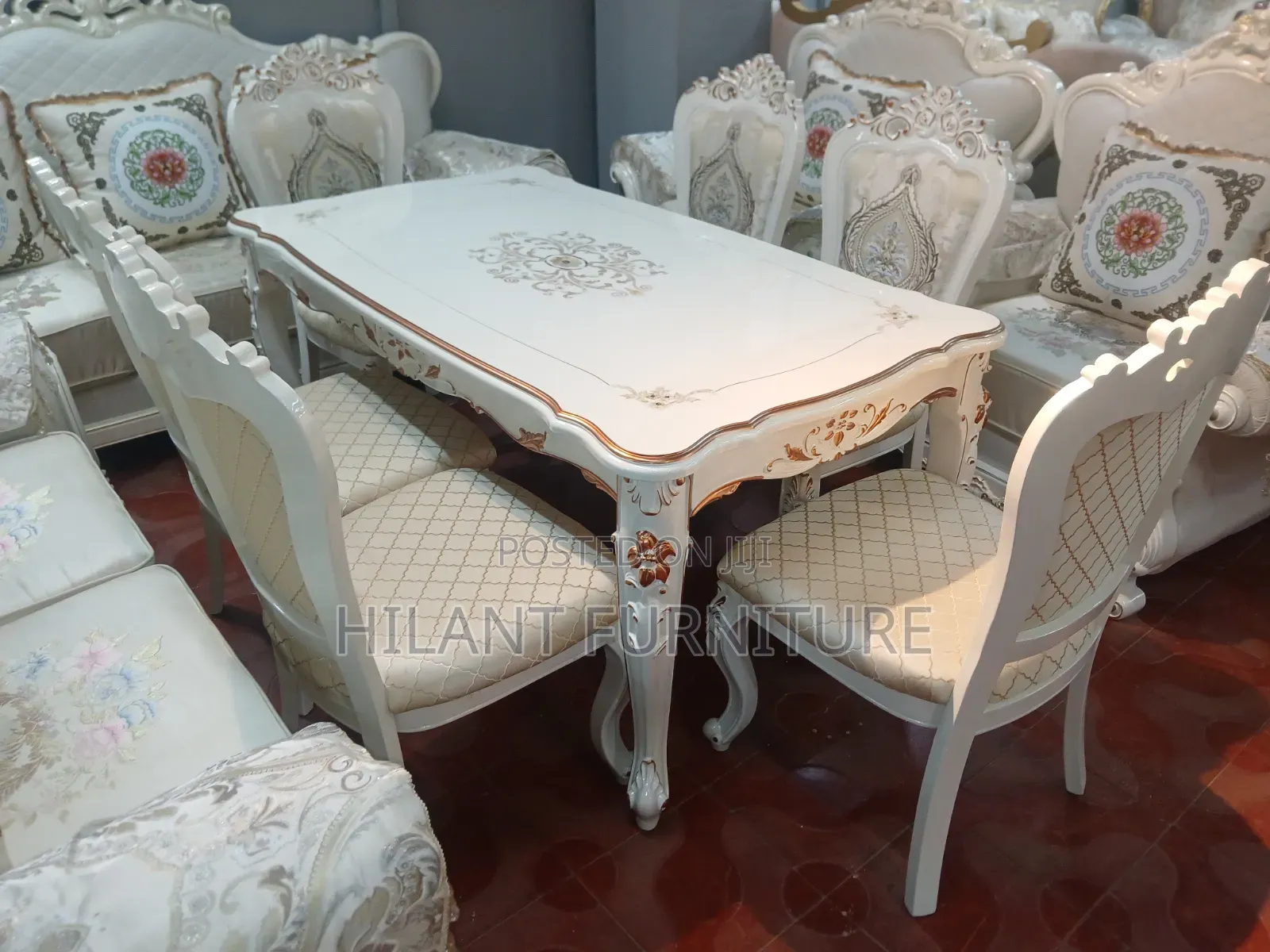 Royal White Gold Carved Wooden 6-Seater Dining Table Set