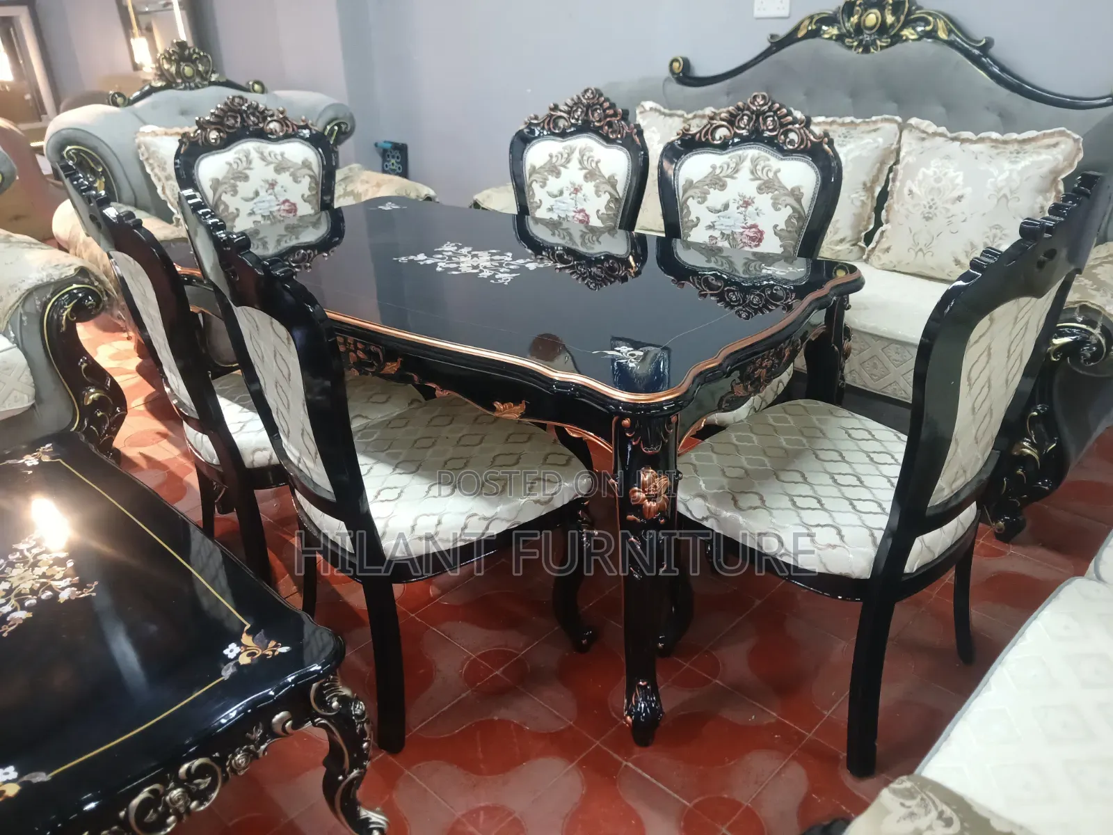 6-Seater Wooden Dining Table Set – Black Gold Luxury Design