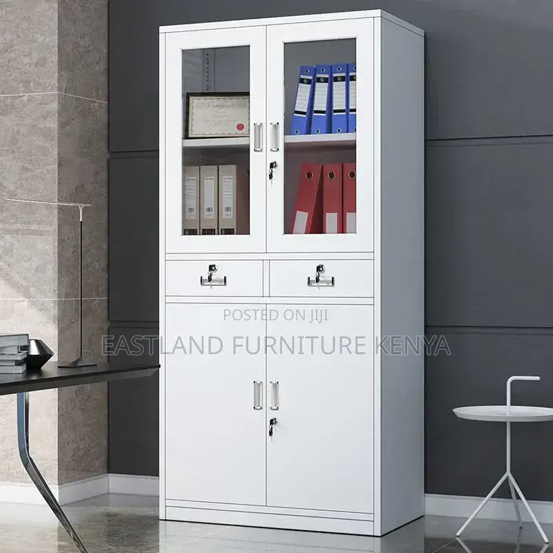 4 Door Metal Office Filing Cabinet - Glass Top 2 Drawers