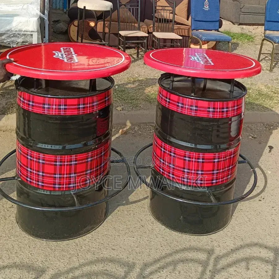 Custom Drum Bar Tables With Checked Red Wallpaper 