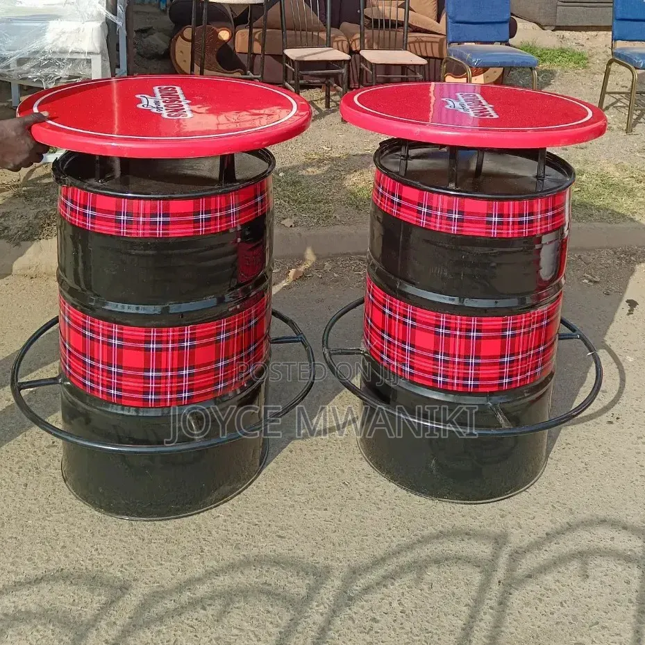 Custom Drum Bar Tables With Checked Red Wallpaper 