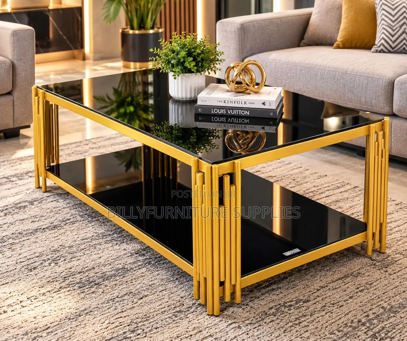 Luxury Black Glass Coffee Table With Gold Metal Frame