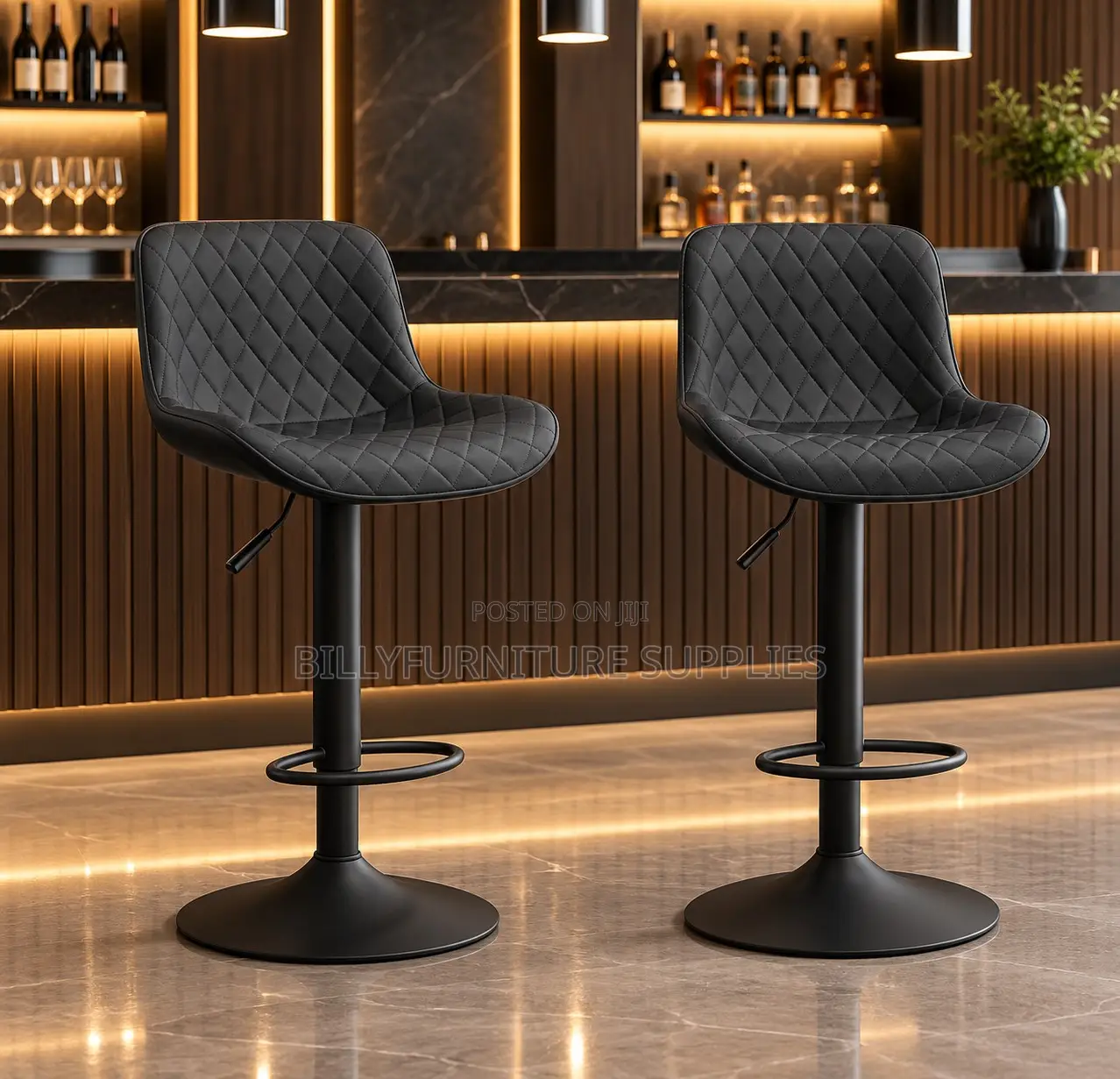 Modern Black Quilted Leather Adjustable Bar Stool With Footrest