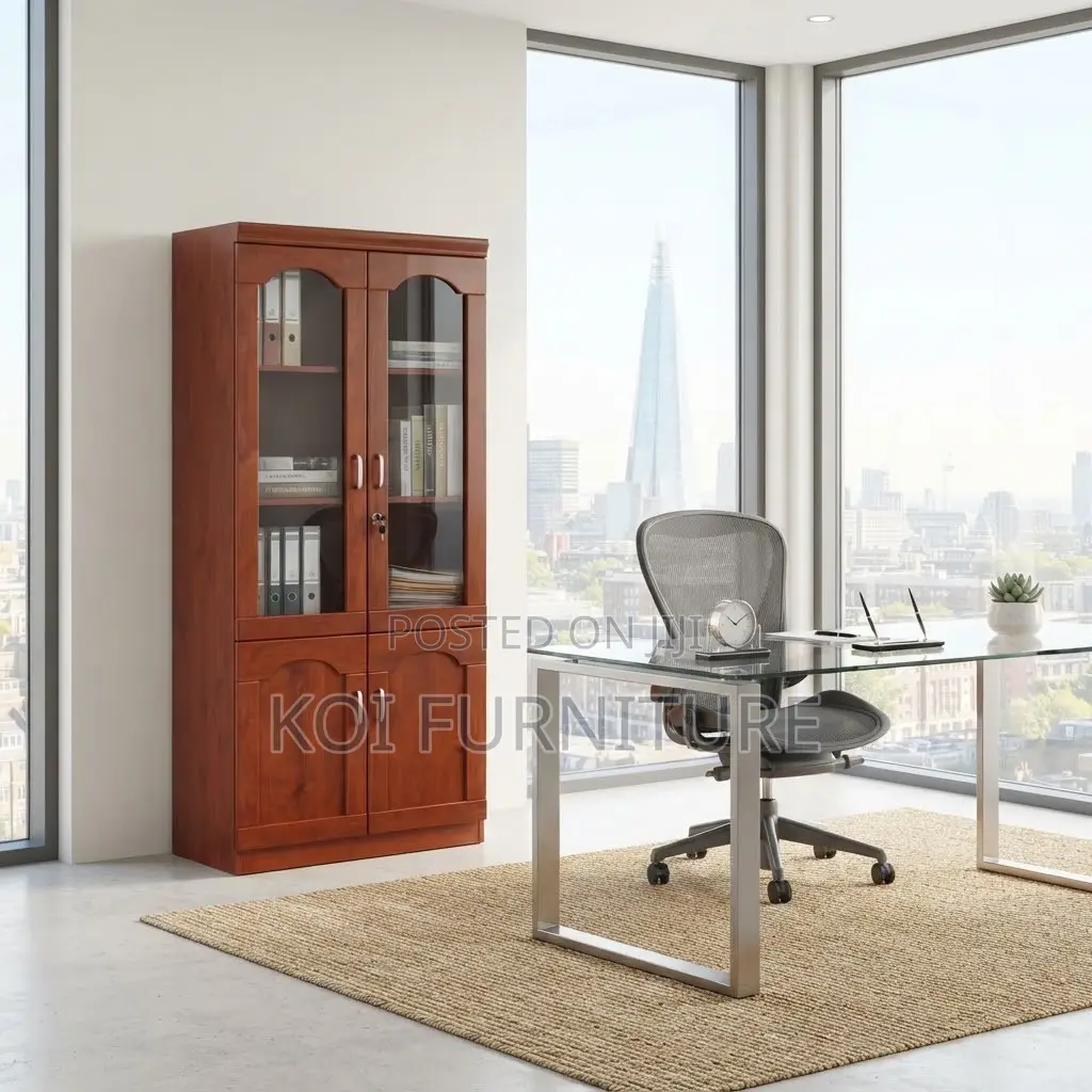 Office Cabinet; Two Doors Executive Modern Mahogany Colored Cabinet