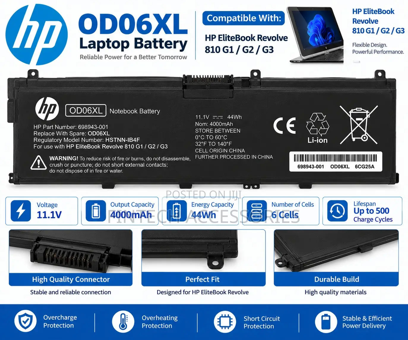 HP OD06XL Laptop Battery for EliteBook Revolve 810 G1 G2 G3 – 44Wh