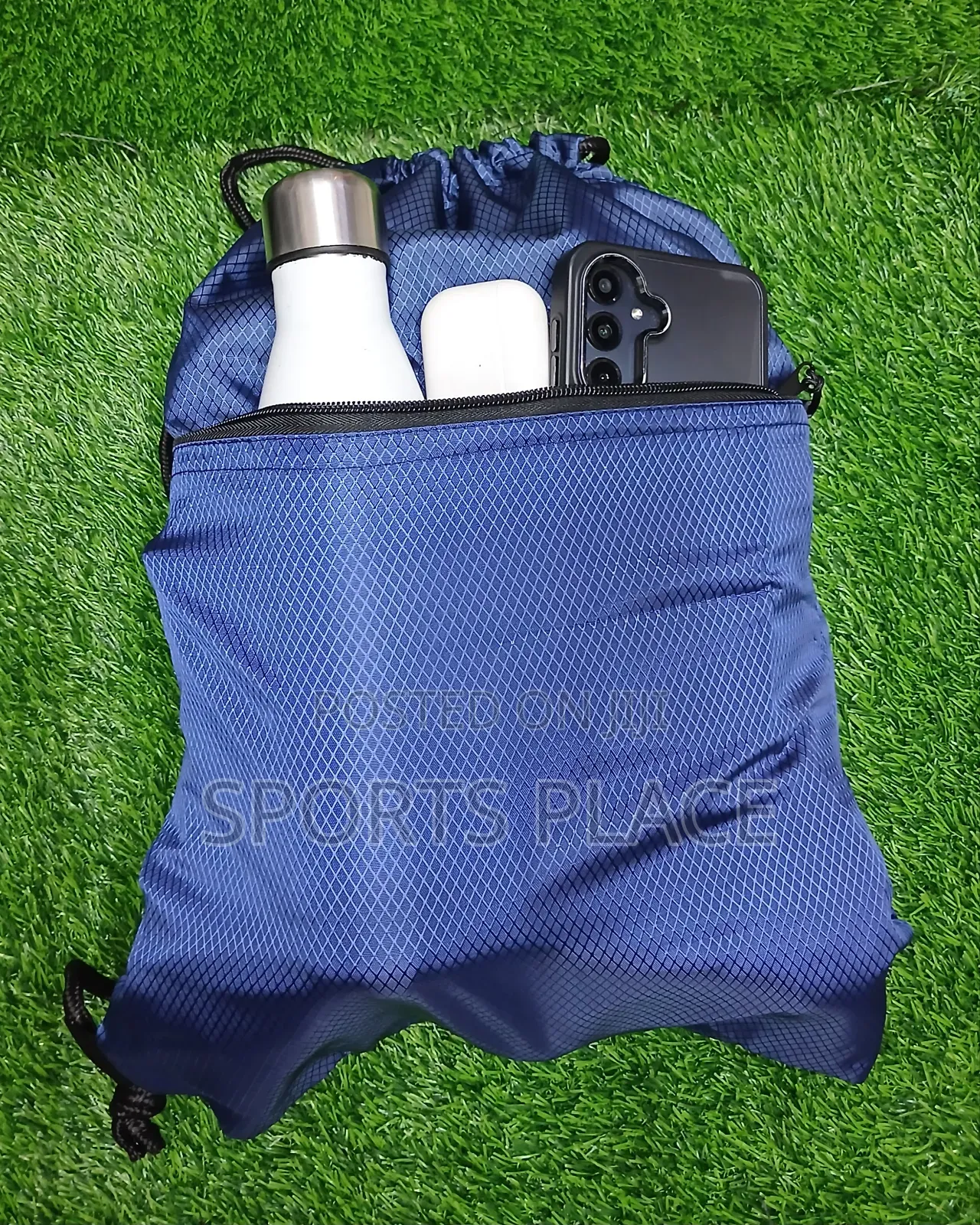 Blue Drawstring Bag With a Outer Zip Pocket
