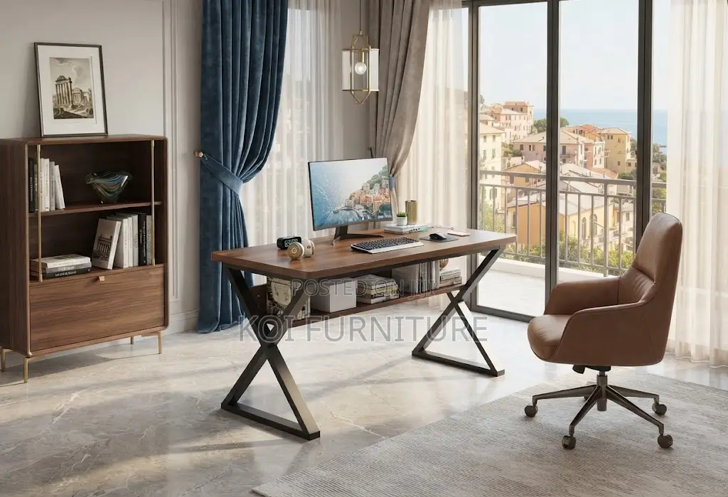 Office Desk; 1.4 Meters Top Wooden Ergonomic Desk With Metal Frame