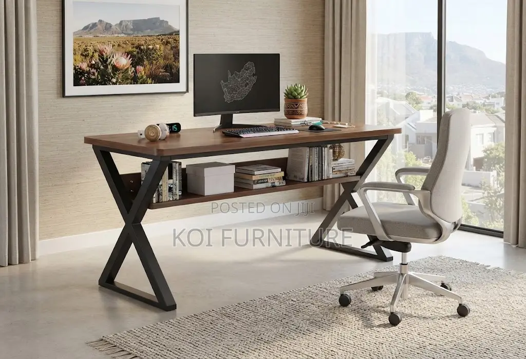 Office Desk; 1.4 Meters Top Wooden Ergonomic Desk With Metal Frame