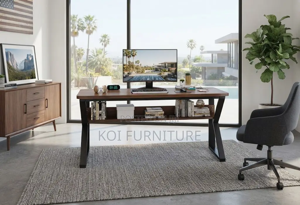 Office Desk; 1.4 Meters Top Wooden Ergonomic Desk With Metal Frame