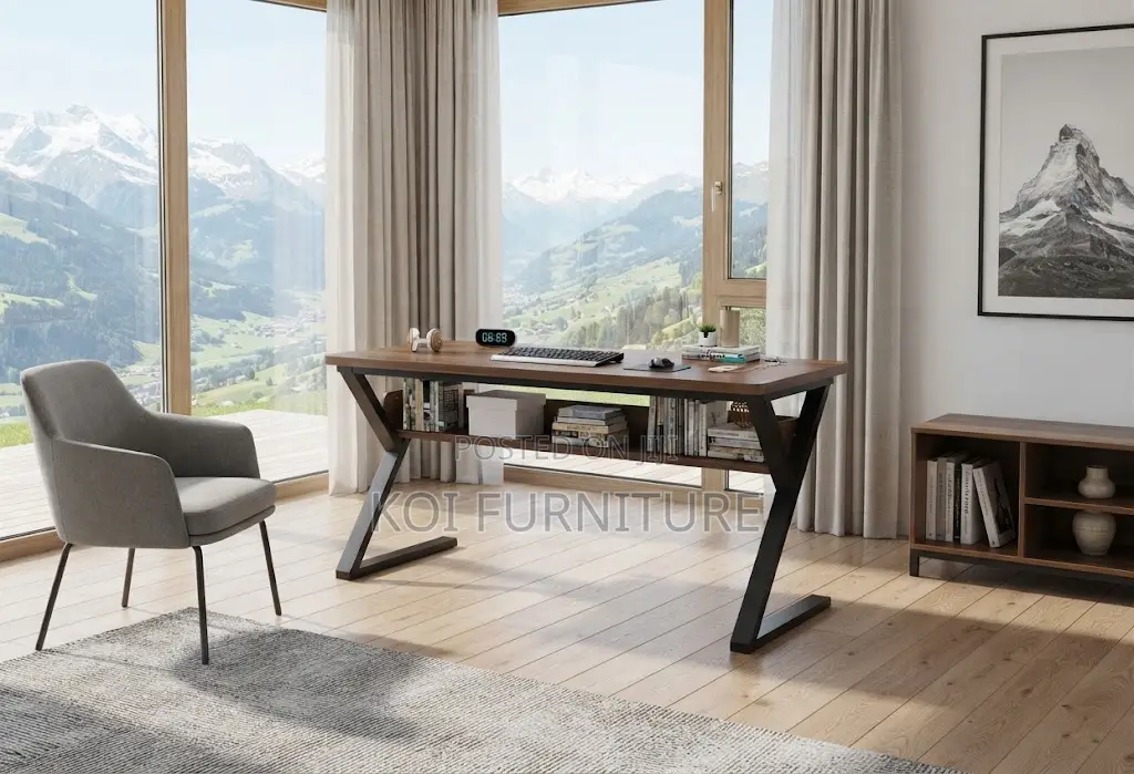 Office Desk; 1.4 Meters Top Wooden Ergonomic Desk With Metal Frame