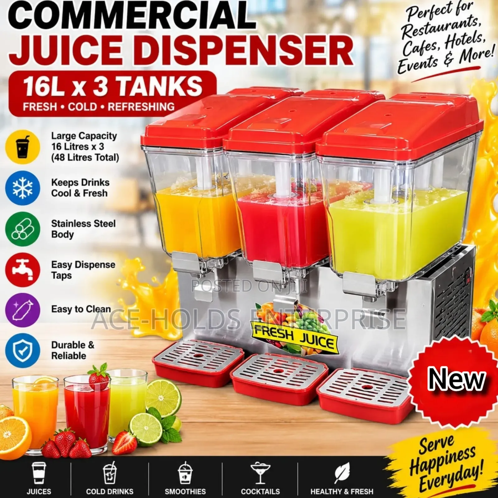 48 Litres Capacity - 3 Slot Commercial Juice Dispenser (16L*3)