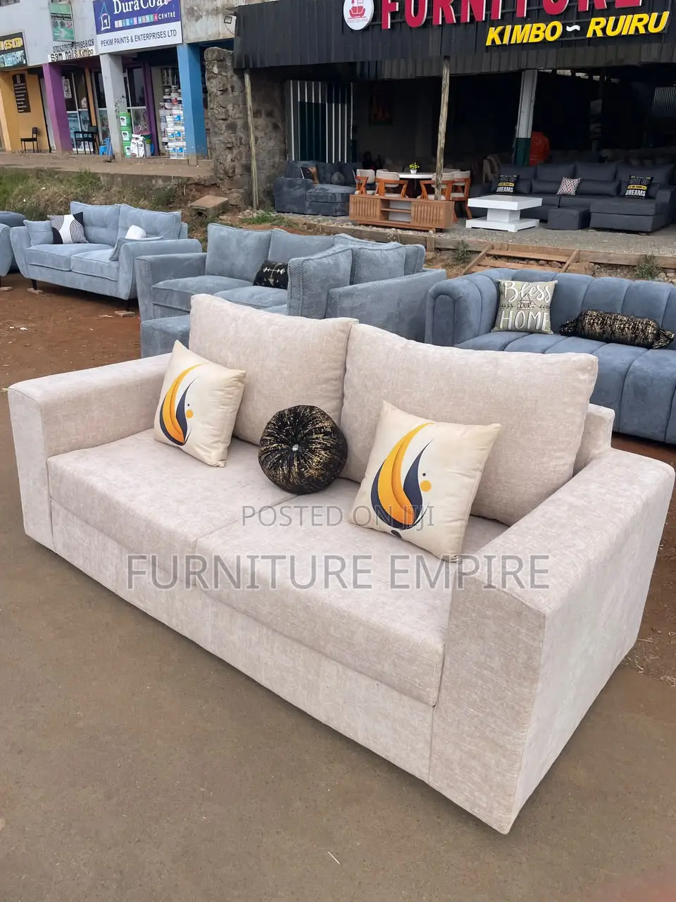 3 Seater Modern Sofa – Beige With Cushions