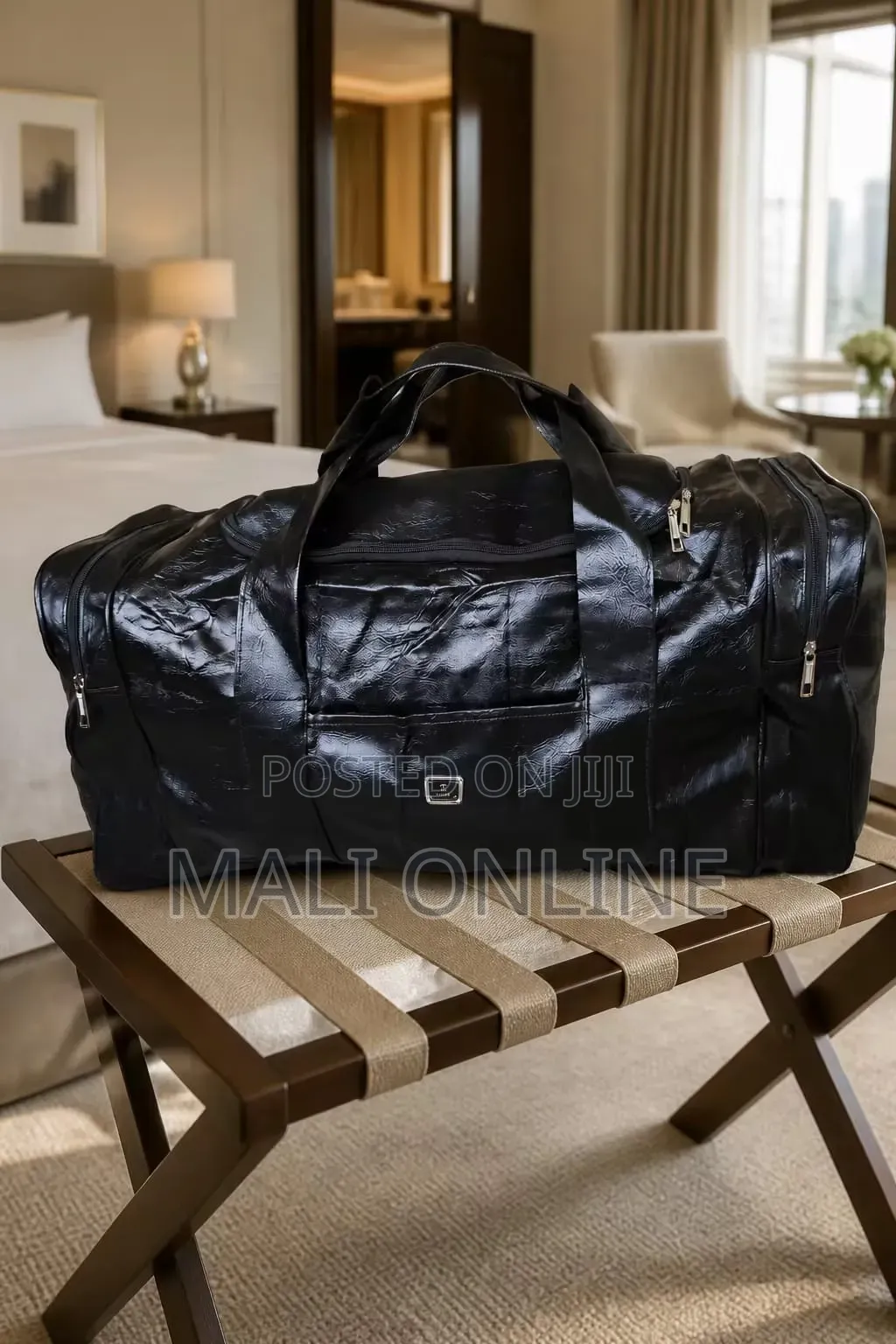 Black Shiny Polished Leather Travel Bag