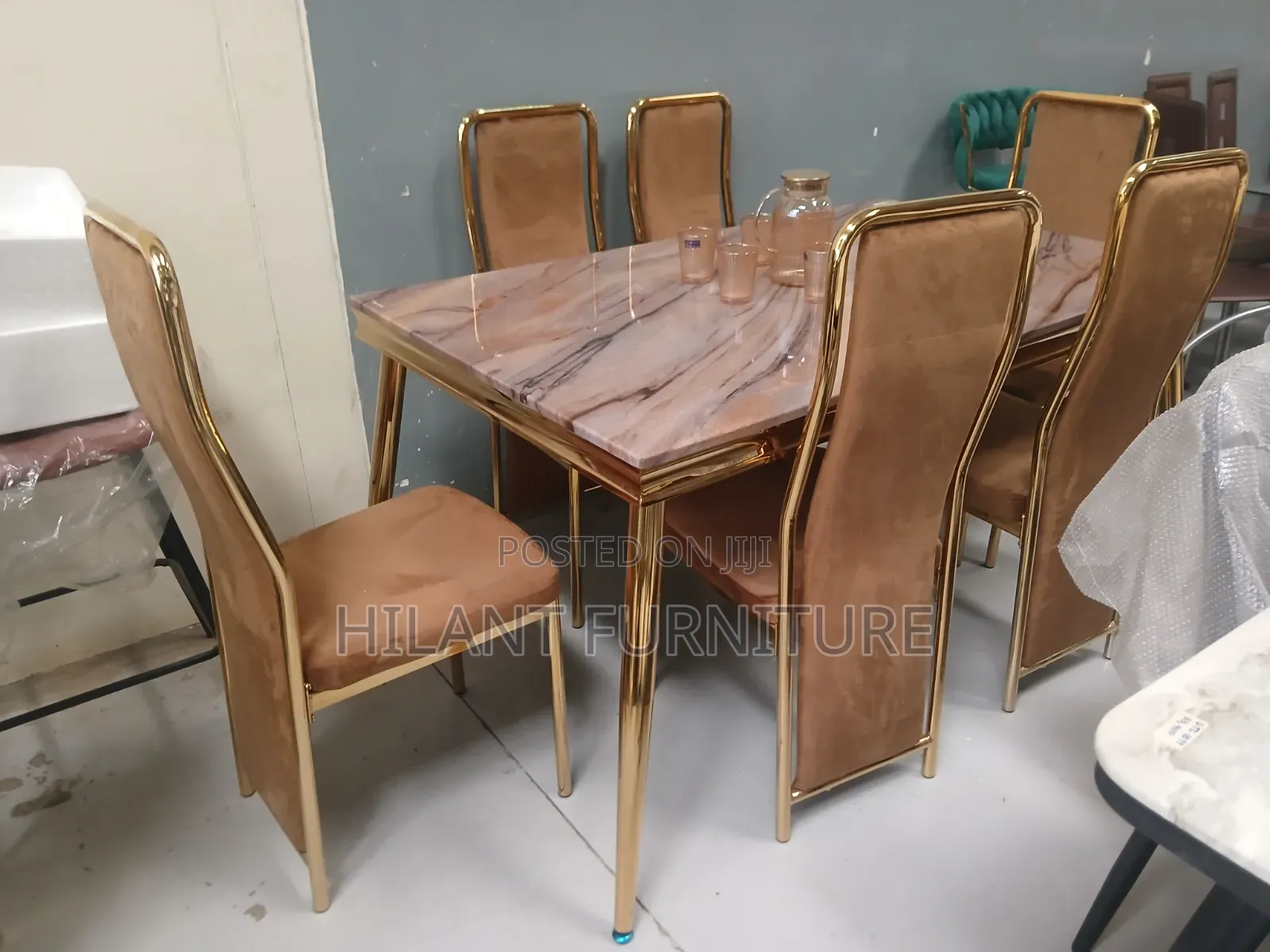 Luxury 6-Seater Marble Dining Set With Velvet Chairs – Gold Frame