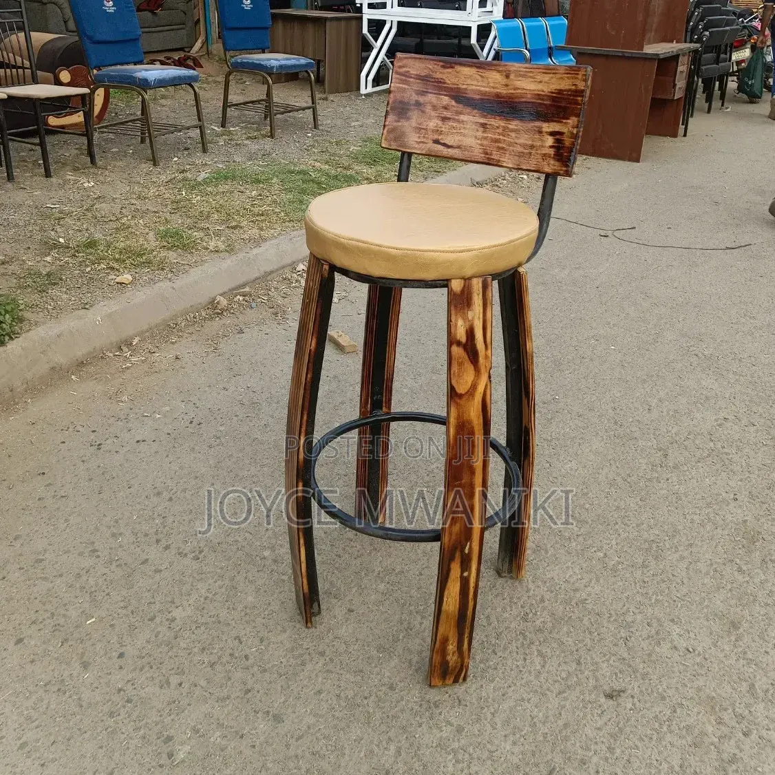 Wooden Rustic High Bar Stool With Padded Cushion