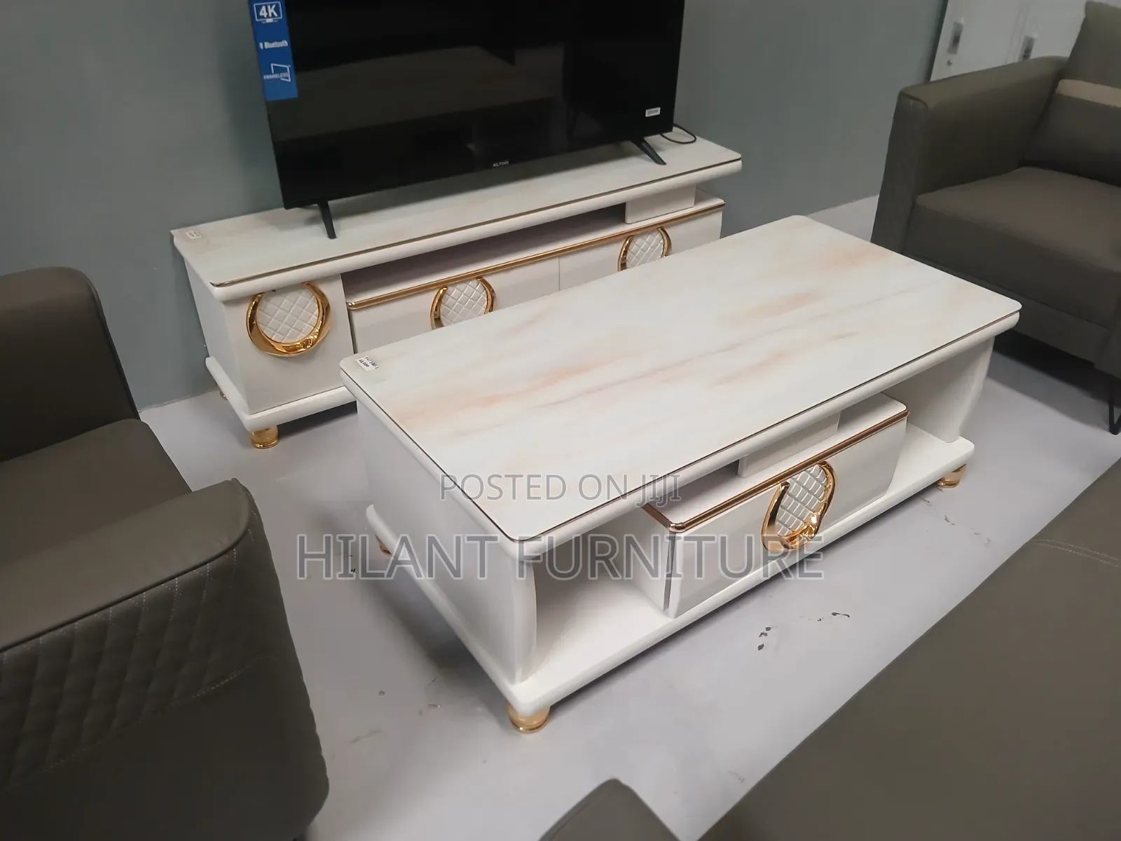 White Gold Tempered Glass Matching Coffee Table TV Stand Set