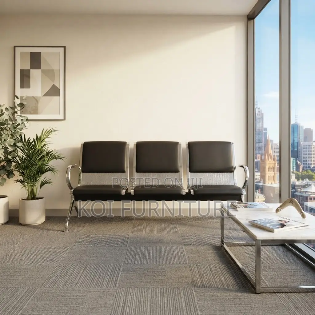Office Benches; Black Leather Three Seaters Office Reception Bench