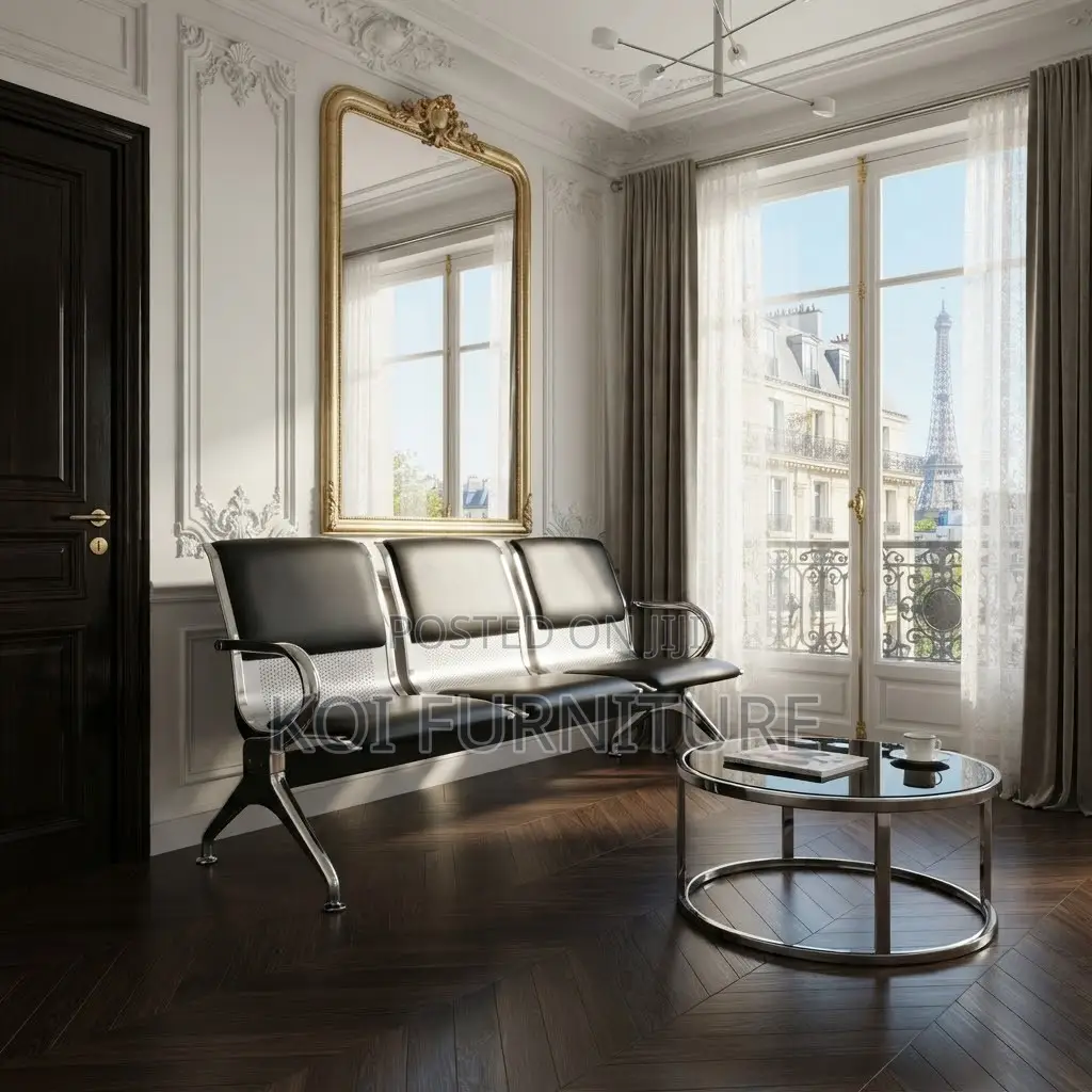 Office Benches; Black Leather Three Seaters Office Reception Bench