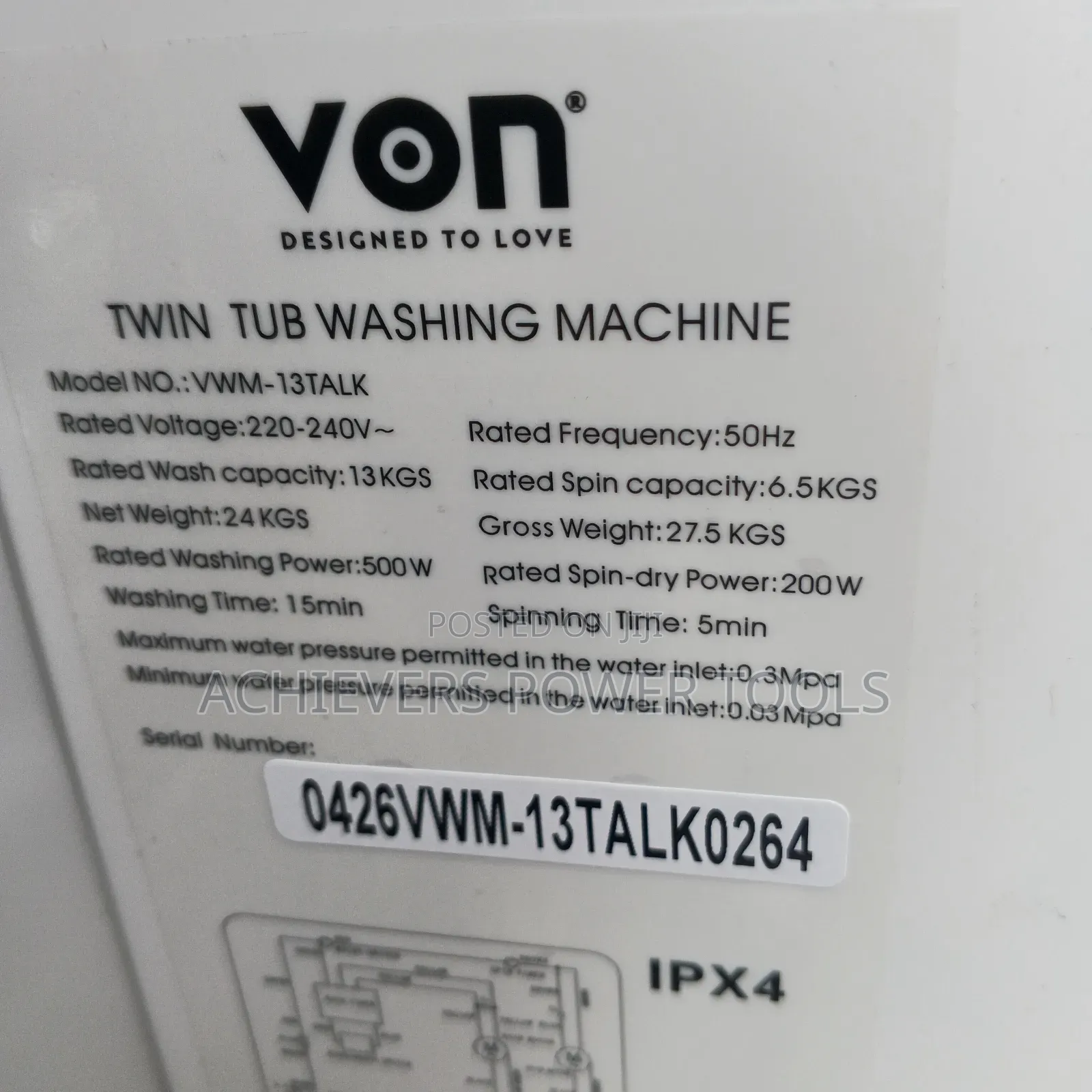 Von Top Load Washing Machine 13kgs