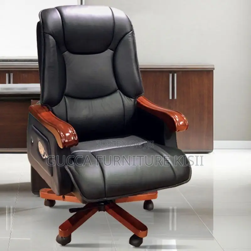 Office Chair; High-Back Wooden Leather Office Chair