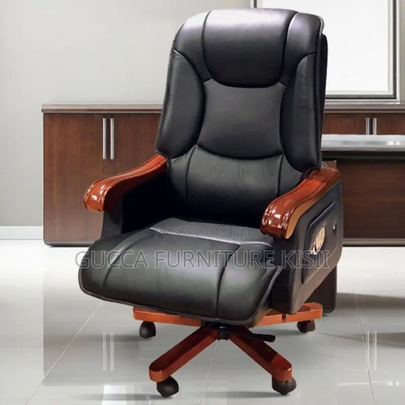 Office Chair; High-Back Wooden Leather Office Chair