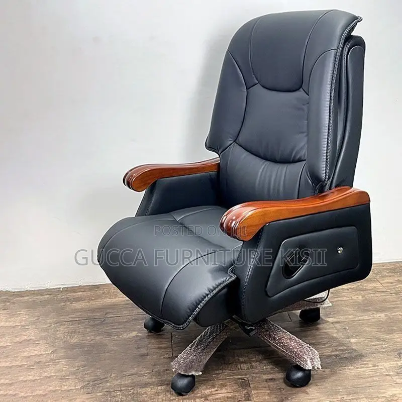 Office Chair; High-Back Wooden Leather Office Chair