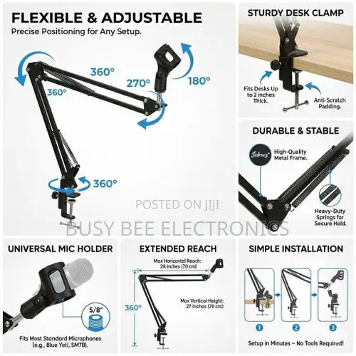 Adjustable Microphone Boom Arm Stand, Steel Scissor Suspension Arm Wit