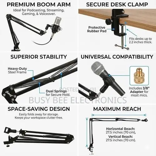 Adjustable Microphone Boom Arm Stand, Steel Scissor Suspension Arm Wit