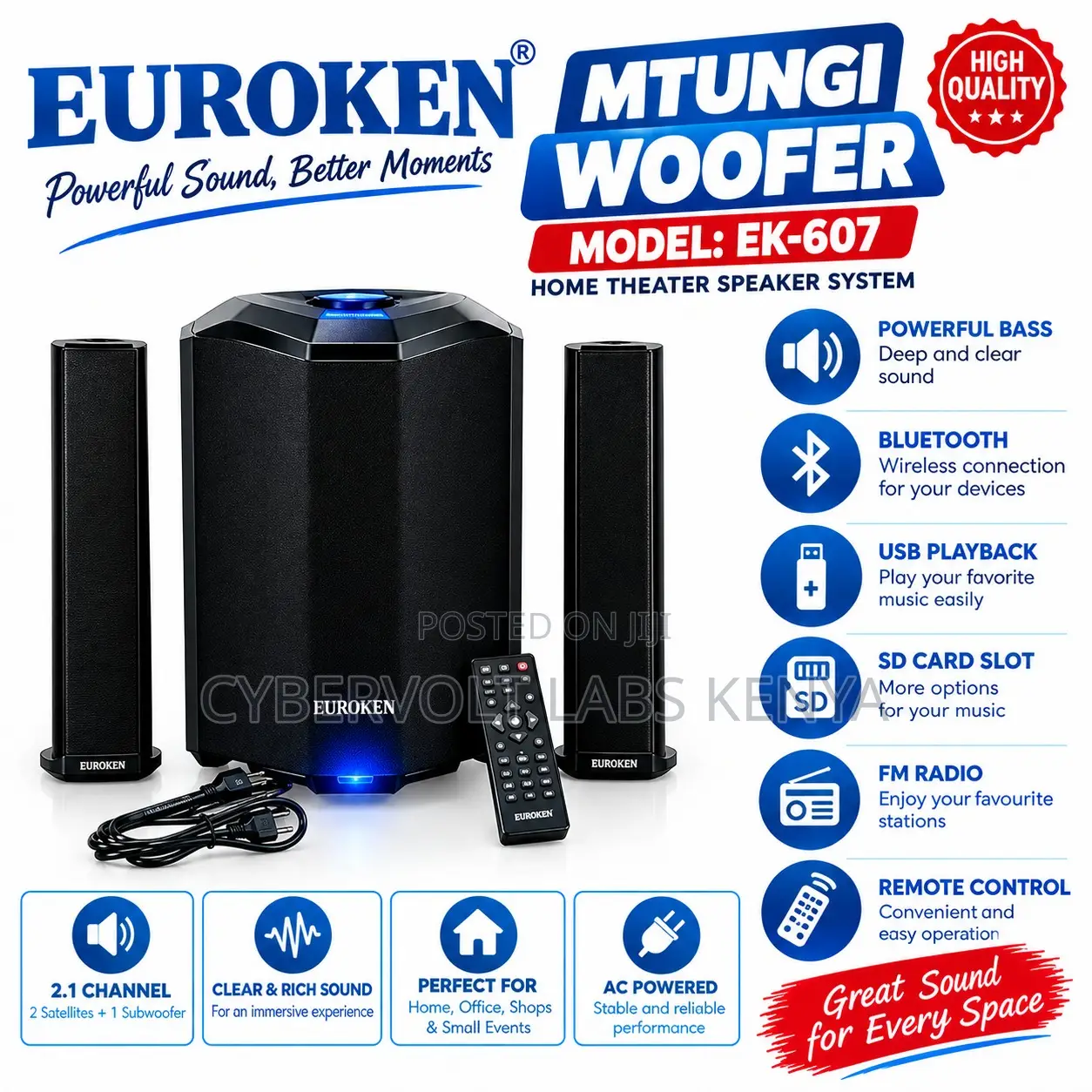 Powerful 2.1 Channel Home Theater Speaker System