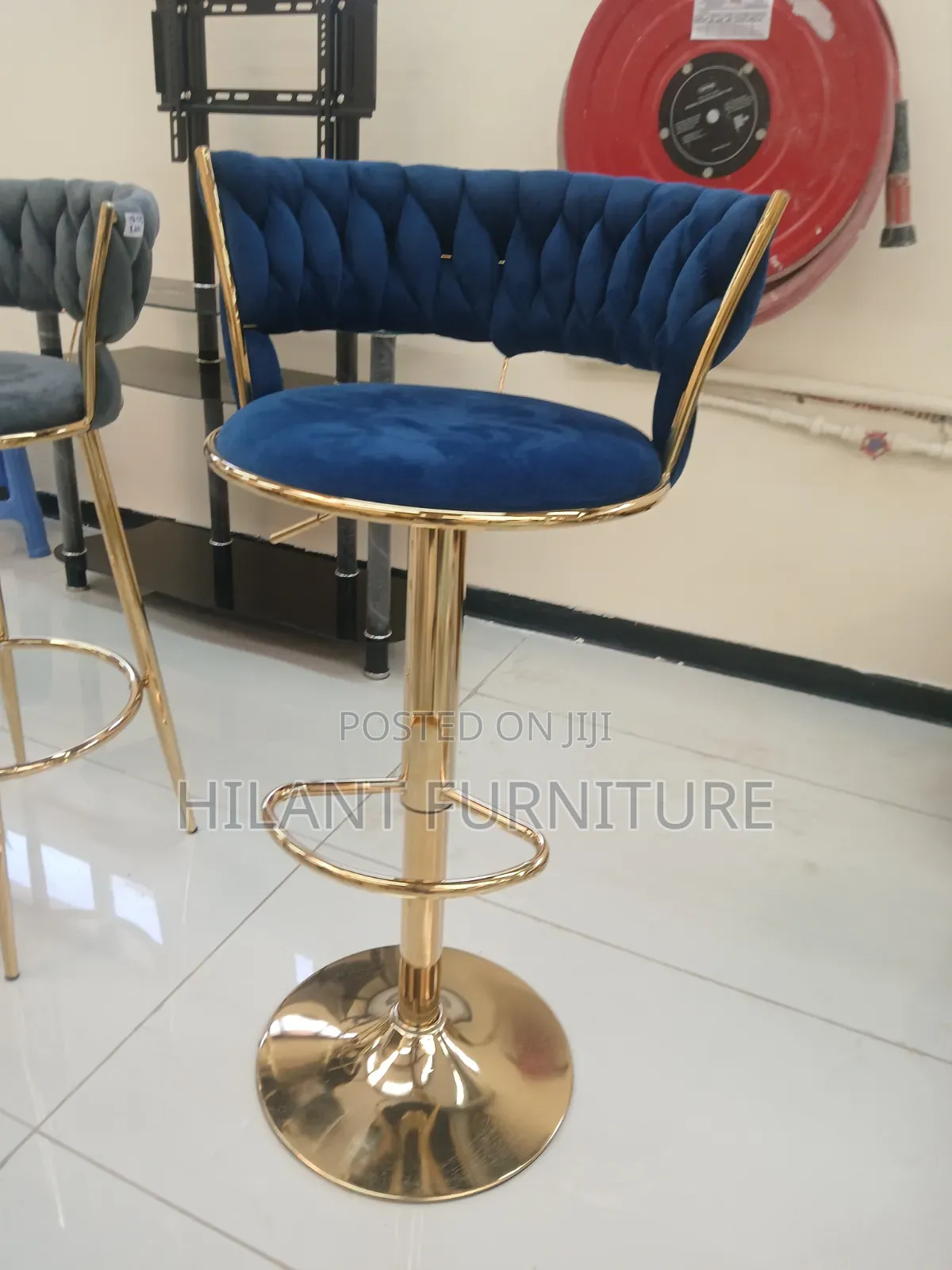 Luxury Blue Velvet Gold Finish Bar Stool