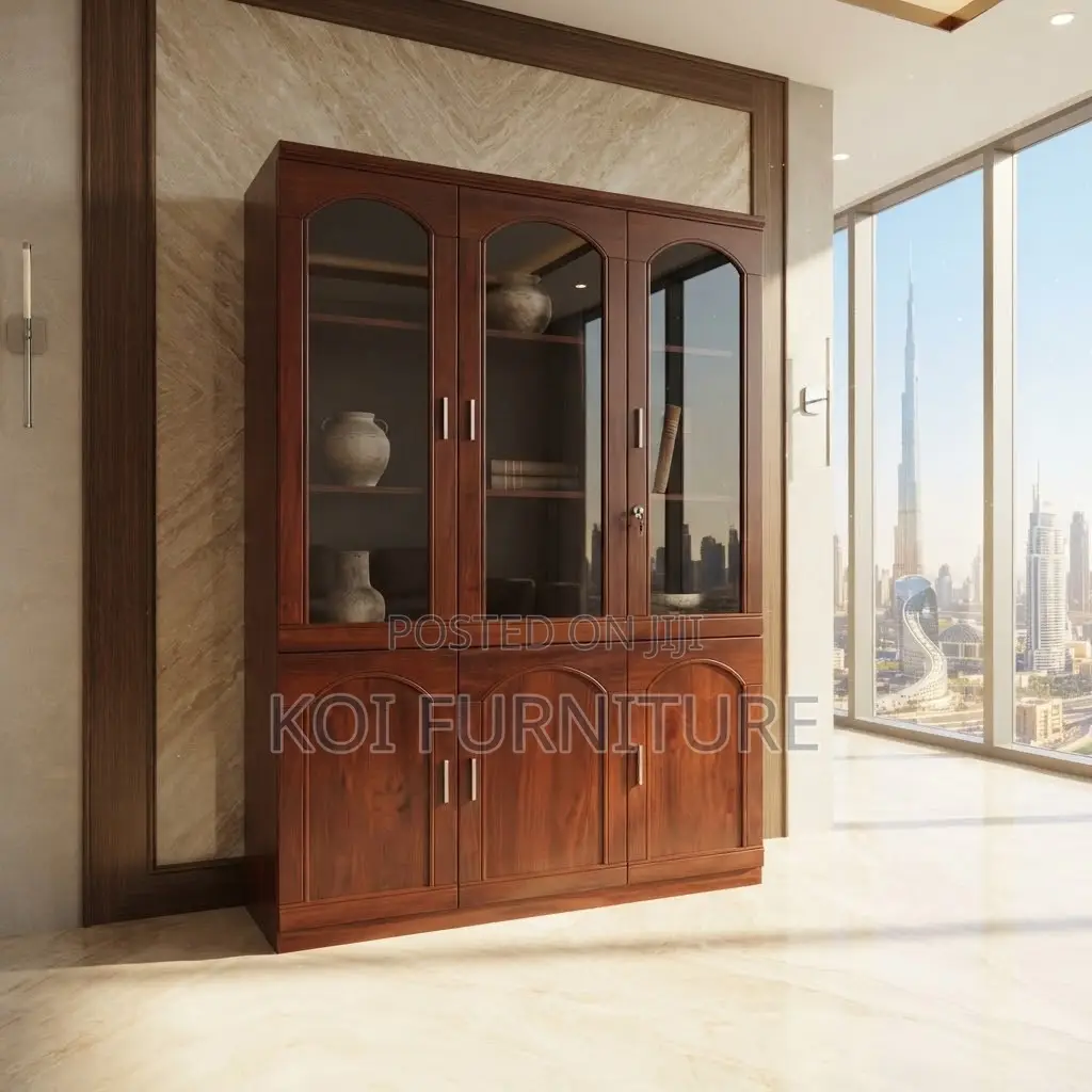 Office Cabinet; Mahogany Brown-Red Polished 3 Doors Filing Cabinet